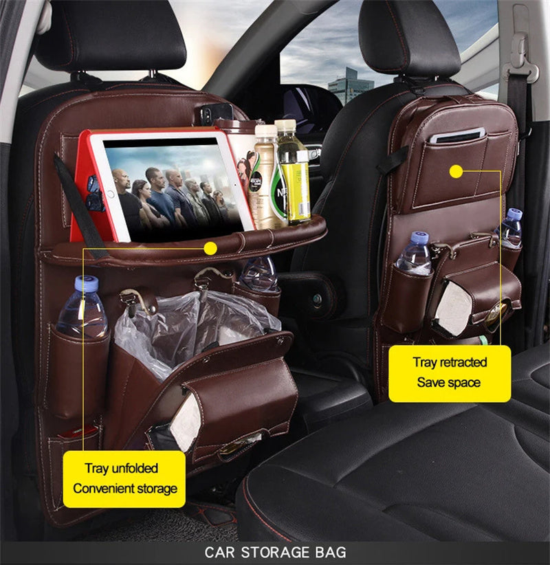 Car Seat Back Organizer — PU Leather Storage Tray Bag
