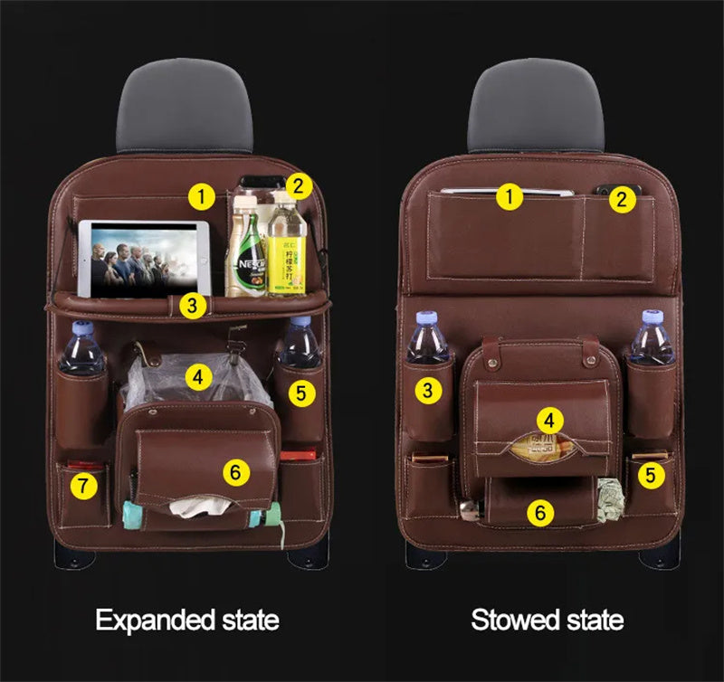 Car Seat Back Organizer — PU Leather Storage Tray Bag